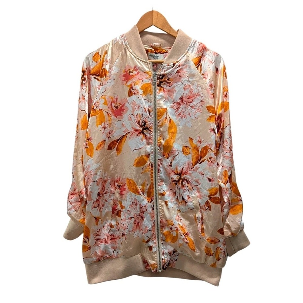 Coquette Floral Satin Bomber Jacket Pink Cottagecore Fairycore NWT L